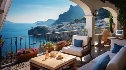Foto auf Acrylglas Mittelmeereuropa Exquisite villa perched on the stunning Amalfi Coast of Italy, offering unparalleled vistas of the glistening Mediterranean Sea and terraced cliffs