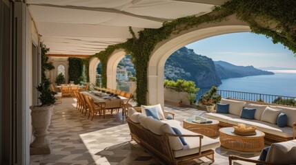 Exquisite villa perched on the stunning Amalfi Coast of Italy, offering unparalleled vistas of the glistening Mediterranean Sea and terraced cliffs