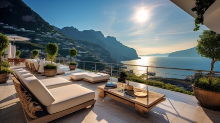 Fototapeta premium Exquisite villa perched on the stunning Amalfi Coast of Italy, offering unparalleled vistas of the glistening Mediterranean Sea and terraced cliffs