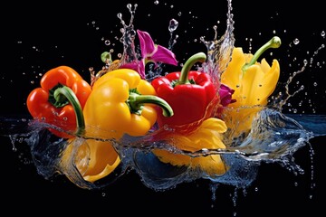 water splashing on colorful bell peppers