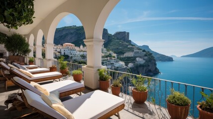 Fototapeta premium Exquisite villa perched on the stunning Amalfi Coast of Italy, offering unparalleled vistas of the glistening Mediterranean Sea and terraced cliffs