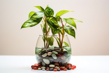 houseplant surrounded by water-filled glass pebbles