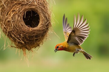 weaver bird flying towards nest with grass in beak