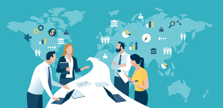 Global Business. Growth. A business team is standing around an arrow pointing to a world map. Business vector illustration
