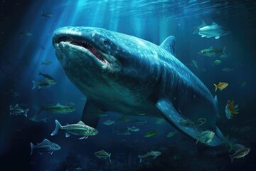 Obraz premium whale shark with fish surrounding during feeding