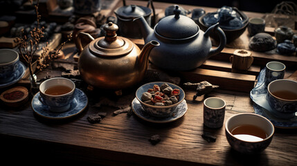 Obraz na płótnie Canvas knolling, Tea Station: Teapots, tea cups, loose tea, and a teapot cozy creating a serene tea corner