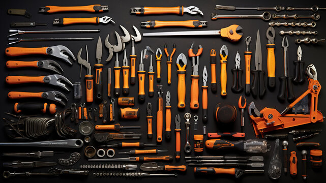 knolling, Tool Kit: Wrenches, screwdrivers, pliers, and other tools organized for DIY enthusiasts