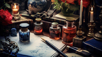 knolling, Writing Tools: Fountain pens, notebooks, ink bottles, and a calligraphy set for writers and enthusiasts