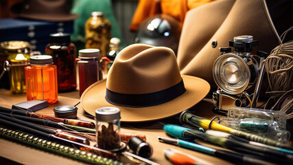 knolling, Fishing Gear: Fishing rods, bait, fishing tackle, and a fishing hat set up for a fishing excursion