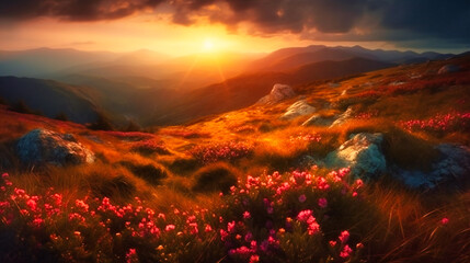 Mountainside with Pink Ground Flowers - obrazy, fototapety, plakaty