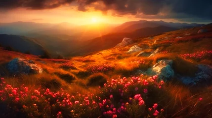 Fotobehang Mountainside with Pink Ground Flowers © Rabbi