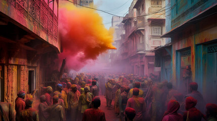 AI generated, realistic illustration of the holi festival in India. Group of smiling people, colored smiling faces with vibrant colors during the celebration of the holi festival in India. Multi-color