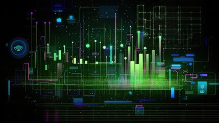 data visualization hi-tech futuristic illustration in green  neon color palette. 