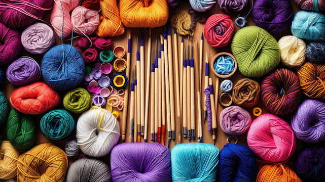 knolling, Craft Materials: Yarn, knitting needles, crochet hooks, and patterns displayed for craft enthusiasts