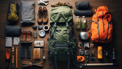 knolling, Outdoor Adventure Gear: Backpacks, compasses, water bottles, and hiking boots arranged for an outdoor adventure - obrazy, fototapety, plakaty