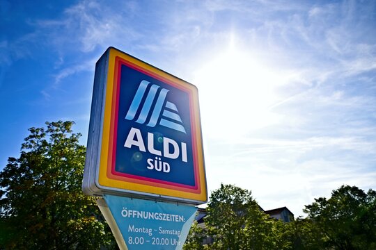 Laupheim, baden-wuerttemberg, Germany - August 11, 2023: Aldi column against a dramatic sky. 