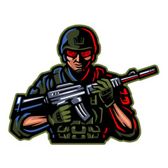 military army soldier with machine gun in his hands, vector, logo, cartoon, mascot, character, illustration