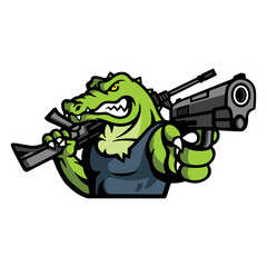wild angry alligator with machine gun and pistol, vector, logo, cartoon, mascot, character, illustration