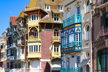 Famous facades on the seaside of Mers-les-Bains, limit of Hauts-de-France and Normandy. France