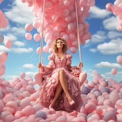 Creative design inspired by Barbie movie. Blonde girl with pink princess dress sitting in balloons swing. Innovate girly idea. Levitate in the air. Conceptual, imagination, dreamer