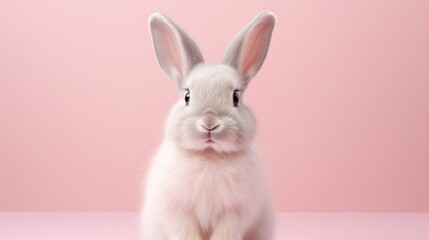 Obraz premium Cute fluffy bunny on pastel pink background.