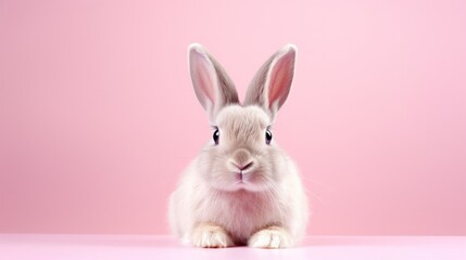 Cute fluffy bunny on pastel pink background.