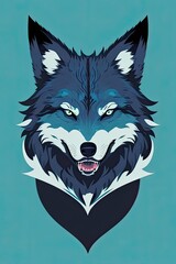 Illustration of a wolf head on a turquoise background.