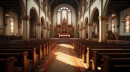 Fototapeta premium The interior decoration of the church is a classic empty interior. Created using Generative AI technology.