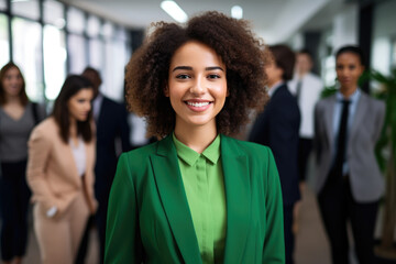 group of people standing in office, confident black woman wearing green suit leading corporate team with confidence 