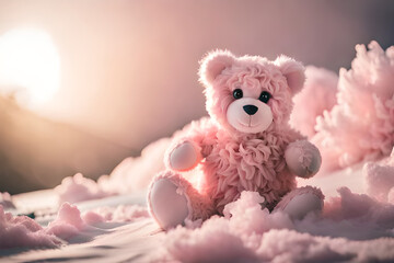 A pink bear sits among pink cotton wool. AI generated.