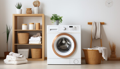 photography of a washing machine in a white empty room.