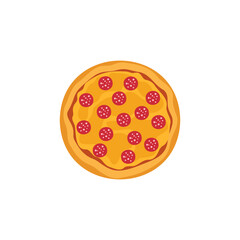 Fresh pizza with tomato, cheese, olive, sausage, onion, basil. Traditional italian fast food. Top view meal. European snack. Isolated white background. Vector illustration