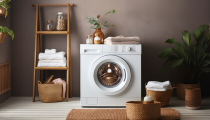 Fototapeta na wymiar photography of a washing machine in a white empty room.