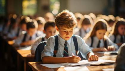Elementary school children wearing school uniforms sitting in bright classroom.generative ai