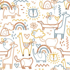 Seamless pattern cute animals. Children's pattern with animals. Drawn snail, cat, giraffe, llama, elephant, dachshund, lion. Print for textiles, clothes, packaging, wallpaper. Grainy
