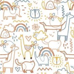 Afwasbaar Fotobehang Eenhoorns Seamless pattern cute animals. Children's pattern with animals. Drawn snail, cat, giraffe, llama, elephant, dachshund, lion. Print for textiles, clothes, packaging, wallpaper. Grainy