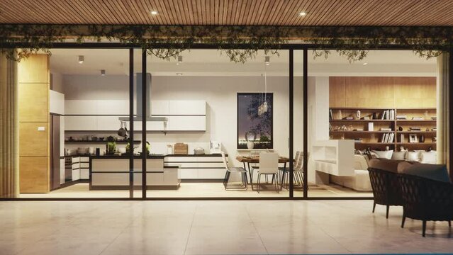 Entering The Living Room Of Modern Luxury House With Swimming Pool