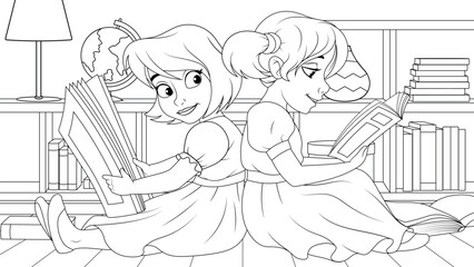 Vector illustration, Two cute sister girls read books together, book coloring.