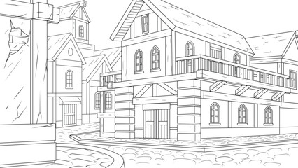 Vector illustration, vintage city street with vintage buildings, book coloring