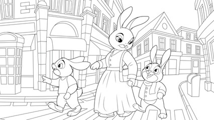 Fototapeta na wymiar Vector illustration, Mom hare walks with children around the city