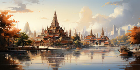 watercolor painting bangkok See buildings and places as landmarks.generative ai