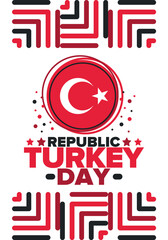 Turkey Republic Day. National happy holiday, celebrated annual in October 29. Turkish flag. Patriotic elements. Poster, card, banner and background. Vector illustration