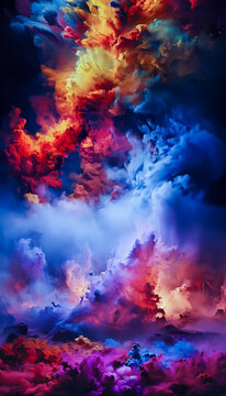 Colorful explosions of purple, red, blue, yellow, smoke futuristic background . Fantasy sky with colorful clouds texture. Backdrop for fairytale, Halloween horror card. Armageddon video game backdrop
