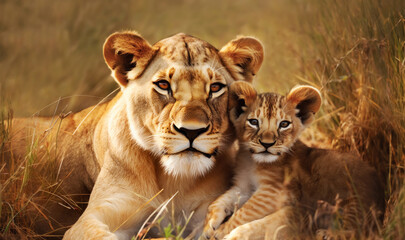 Close up of a female lion with a cub