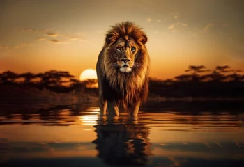 Fotobehang Portrait of a lion standing in water at sunset © giedriius