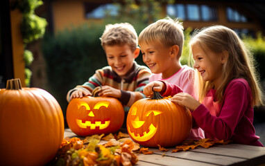 Fototapeta premium Children cutting pumpkins for Halloween. Concept of fun activities such as making a scary jack o lantern. Shallow field of view.