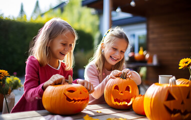 Children cutting pumpkins for Halloween. Concept of fun activities such as making a scary jack o lantern. Shallow field of view.