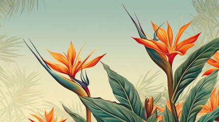 Fototapeta premium a horizontal image of Strelitzia, Bird-of-Paradise as background for mock-up, and a product presentation with space for copy in a Commercially-themed image as a JPG horizontal format. Generative AI