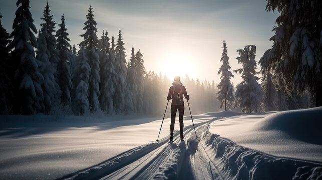 Cross Country Skier, outdoors in the snow during winter. Concept of winter sports and activities. Young woman skiing. Shallow field of view.