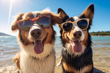 two dogs with sunglasses taking selfie on a sandy beach. High quality photo